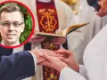 Mężczyzna w okularach w okręgu, obok ceremonii ślubnej. Rozważanie konsekwencji unieważnienia małżeństwa kościelnego.