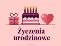 Kochana, wszystkiego najlepszego z okazji urodzin! Uroczy tort, prezent i serce na różowym tle.