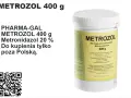 Opakowanie leku METROZOL 400 g z metronidazolem 20%. Informacja o cenie i dostępności poza Polską.