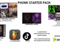 Obrazek przedstawia "Phonk Starter Pack" z elementami takimi jak kasety, okładki płyt, grafiki, maski, samochody i logo FL Studio, sugerując typowe elementy dla **phonk songs**.