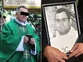 Wikary w zielonej szacie trzyma książkę, obok zdjęcie innego księdza.