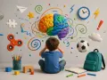 Chłopiec zamyka uszy, gdy kolorowy mózg wiruje nad nim. Czy dysleksja jest dziedziczna? Zabawki, zegar, piłka i plecak sugerują szkolne życie.
