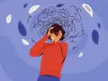 Una persona con le mani tra i capelli, circondata da pensieri caotici, simboleggia l'insoddisfazione lavorativa e la depressione.