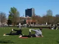 Menschen machen Yoga und entspannen sich im Park. Ein sonniger Tag für Sport in Berlin mit dem Fernsehturm im Hintergrund.