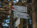 Znaki szlaków PTTK wskazują drogę do Hali Krupowej (15 min) i Przełęczy Krowiarki (2h 30 min).