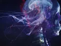 Une méduse lumineuse et des filaments bleus s'entremêlent autour d'un crâne translucide, évoquant le "blut aus nord" dans un univers cosmique.
