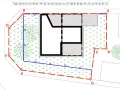 Projekt zagospodarowania terenu z zaznaczonym budynkiem, drzewami i granicami działki.