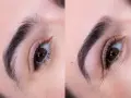Avant/après : un regard transformé grâce à un maquillage sourcil parfait. Des sourcils plus définis et structurés pour un effet spectaculaire.