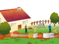 Pracownicy nadzorują opróżnianie oczyszczalni przydomowej. W tle dom i plac budowy.