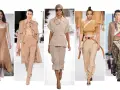 Modelos lucen atuendos en tonos beige, mostrando cómo combinar camisa beige mujer con faldas, pantalones cargo y trajes elegantes.