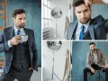 Elegancki mężczyzna w garniturze z krawatem i kamizelką, pijący kawę. Jego styl to cechuje dżentelmena.