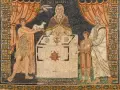 Melchizedek, król Salemu, ofiaruje chleb i wino. Obok niego młody człowiek z barankiem, a po drugiej stronie starszy mężczyzna z chłopcem.