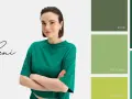 Kobieta w zielonej bluzce obok palety odcieni zieleni: khaki, pistacjowy, limonkowy, butelkowa zieleń, szmaragdowy. Jaki kolor pasuje do zielonego?
