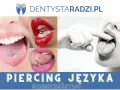 Kolczyk w języku: zbliżenia na usta i języki z widocznym kolczykiem. Informacja o bezpieczeństwie piercingu.