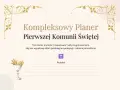 Kompleksowy planer Pierwszej Komunii Świętej z kielichem i winogronami. Pomaga zaplanować ten wyjątkowy dzień.