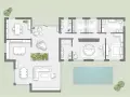 Planimetria villa su un piano con cucina, sala da pranzo, soggiorno con pianoforte, suite padronale con letto rotondo e piscina esterna.