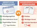 Vergleich von ordentlicher und außerordentlicher Kündigung. Die ordentliche Kündigung hat Fristen, die außerordentliche ist fristlos.