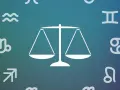 Waga, symbol 20.10 znak zodiaku, otoczona innymi symbolami astrologicznymi na tle gradientowym.