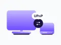 Ilustracja pokazuje komputer i router, symbolizujące połączenie sieciowe. Dymek z napisem "UPnP" wyjaśnia, co to jest Universal Plug and Play.