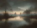 Un paysage onirique où un lac reflète des arbres dénudés, le tout enveloppé dans un doux brouillard dessin. L'atmosphère est paisible et mystérieuse.