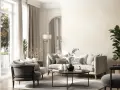 Elegancki salon z jasnymi meblami i dekoracjami. Ściany pomalowane na kremowy kolor, co podkreśla różne rodzaje tapet w subtelnych odcieniach.