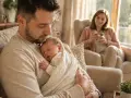 Ojciec tuli śpiące dziecko, ciesząc się urlopem ojcowskim 2 tygodnie. Matka patrzy z uśmiechem z fotela.