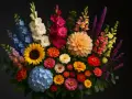 Un vibrante ramo de flores de julio, con girasoles, dalias y gladiolos en tonos vivos, sobre fondo oscuro.