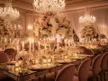 Eleganckie wesele glamour z kryształowymi żyrandolami, bukietami róż i świecami tworzącymi magiczną atmosferę.