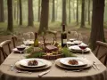 Ett elegant uppdukat bord i skogen med rött vin till oxkind, glas, tallrikar och en vacker köttbit som huvudrätt.
