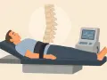 Mężczyzna leży na łóżku terapeutycznym, podłączony do urządzenia monitorującego. Trakcja fizjoterapia pomaga w leczeniu kręgosłupa.