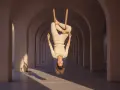 Mujer colgada boca abajo en un arco, como la carta El Colgado del tarot, con luz dorada.