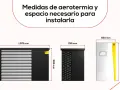 Medidas de aerotermia y espacio necesario para instalarla. Se muestran tres unidades con sus dimensiones: 1.575x963 mm, 795 mm y 550x1.005 mm.