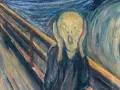 Edvard Munchs "Skriet" med sin ikoniska gestalt som håller händerna för öronen. Edvard Munch fakta: målningen skildrar en känsla av ångest.