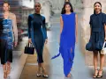 Modelli con abiti blu elettrico, uno con sandali color pesca, un altro con décolleté argento. Idee per scarpe da abbinare a vestito blu elettrico.