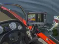 Ein Fisch springt aus dem Wasser, während das Echolot Bild Fische anzeigt.