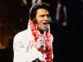 Elvis Presley singt in Hawaii, trägt einen weißen Anzug mit Blumenkette und Mikrofon.