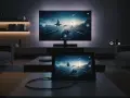 Ein Tablet zeigt ein Spiel, das auf dem großen Fernseher im Hintergrund dupliziert wird.