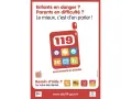 Affiche pour signaler enfant en danger. Le numéro 119 est mis en avant, avec des icônes pour le contact et l'aide.