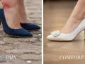 Scarpe da cerimonia donna: un tacco blu con cerotto e vescica, contrapposto a un elegante modello bianco con perle, che promette comfort.