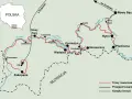 Mapa tras rowerowych wzdłuż Dunajca, od Zakopanego po Nowy Sącz, z zaznaczonymi miejscowościami i jeziorami.
