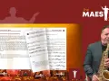 Mężczyzna gra na saksofonie obok nut z ćwiczeniami na skale, w tym na skali frygijskiej.