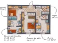 Pianta di una casa con indicazioni sulla temperatura ottimale per ogni stanza: soggiorno 20-22°C, bagno 24-25°C, camera bambini 20-21°C/17-18°C, camera da letto 16-19°C, cucina 18-20°C.