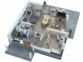 Wizualizacja projektu domu 70m2: kuchnia, łazienka, salon z jadalnią, gabinet i taras.