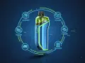 Vape azul y verde con iconos de sabores, autonomía y resistencia. Un dispositivo para disfrutar de tu squonk favorito.
