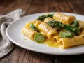 Rigatoni cremosi con asparagi freschi, un'interpretazione primaverile della carbonara di asparagi.