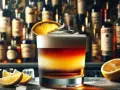 Elegancki drink New York Sour z pianką i plasterkiem pomarańczy, na tle półki z butelkami alkoholu.