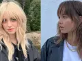 Dwie kobiety prezentują stylowe pomysły na fryzury: blond shag z grzywką i brązowe fale z grzywką.
