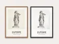 Dwie grafiki z Euterpe, muzą poezji lirycznej i muzyki, grającą na flecie. Jedna w drewnianej, druga w czarnej ramie.