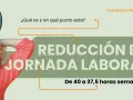 Mujer sonriente junto a un reloj, con el texto "REDUCCIÓN DE JORNADA LABORAL" y "De 40 a 37,5 horas semanales".