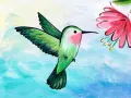 Peinture acrylique d'un colibri vert et rose s'approchant d'une fleur rose. Idéal pour apprendre comment faire de la peinture acrylique.